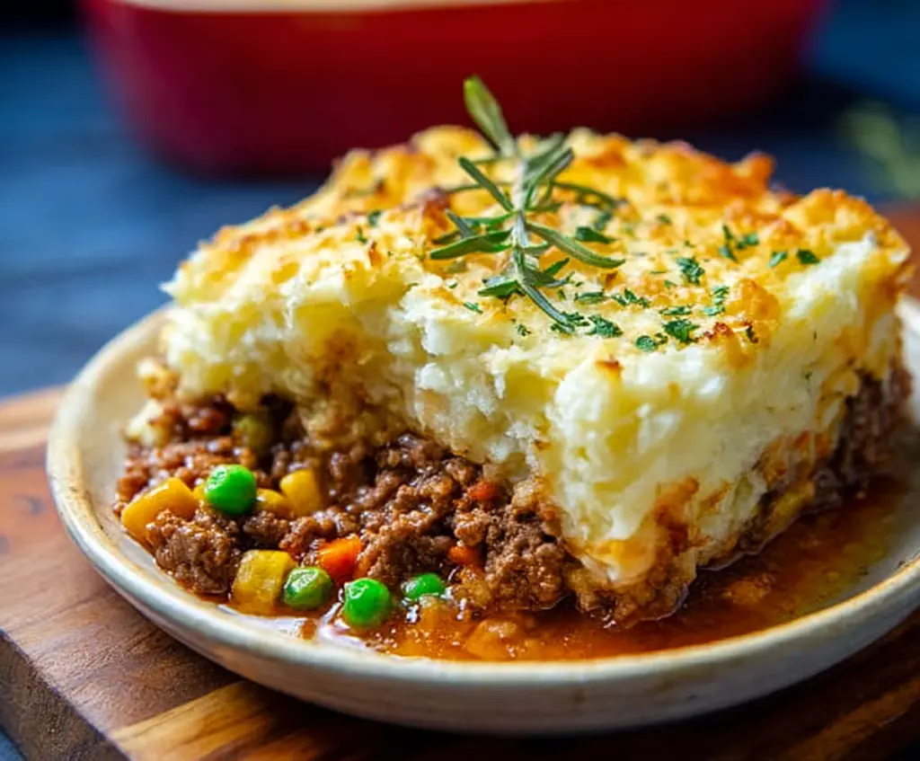 Delicious homemade Beef Shepherd's Pie with mashed potato topping and savory beef filling.