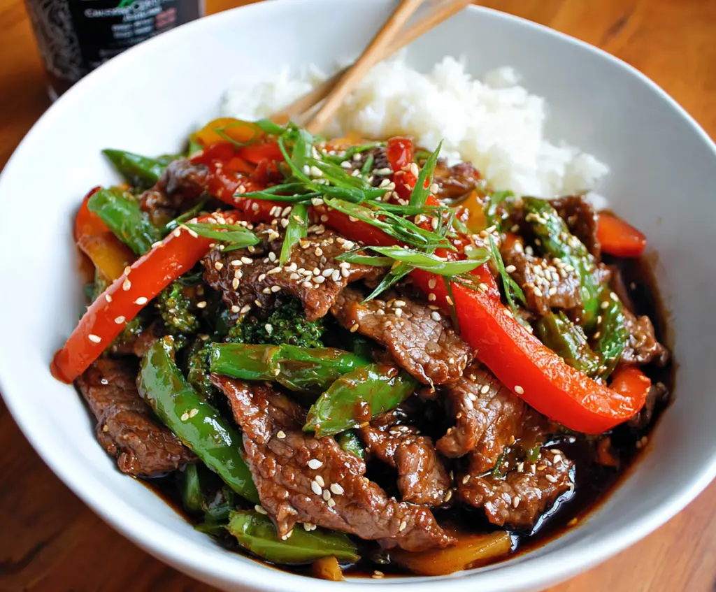 Delicious homemade beef stir-fry with colorful vegetables served in a wok.