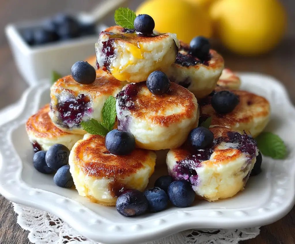 Delicious blueberry lemon cottage cheese pancake bites served on a white plate, perfect for breakfast or a snack.