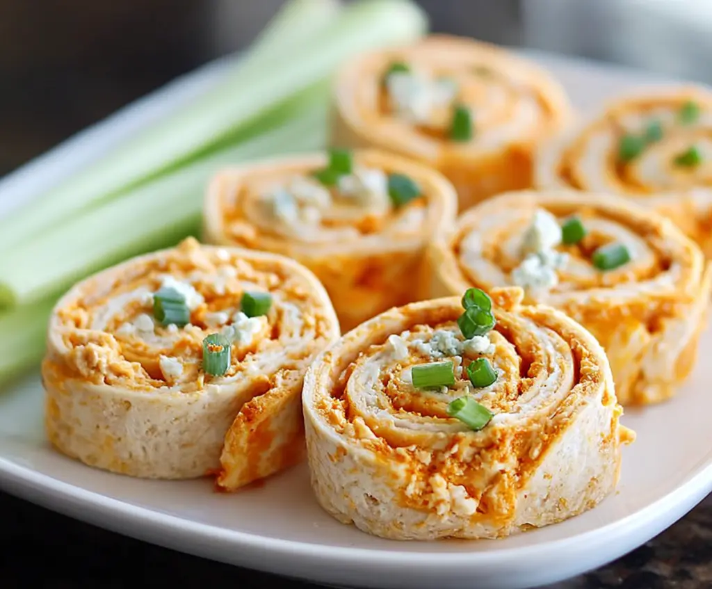Creamy buffalo chicken pinwheels with melted cheese and crispy tortilla rolls, perfect as a savory appetizer.