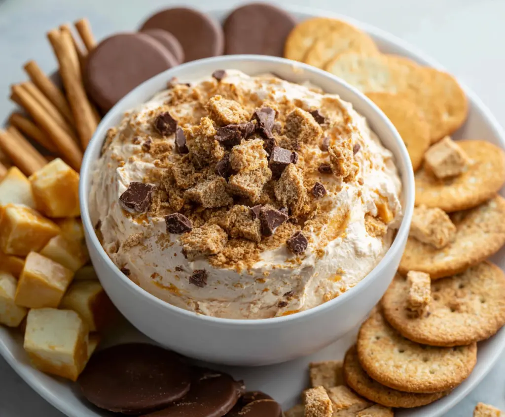 Delicious Butterfinger Dip served with cookies for a sweet treat.