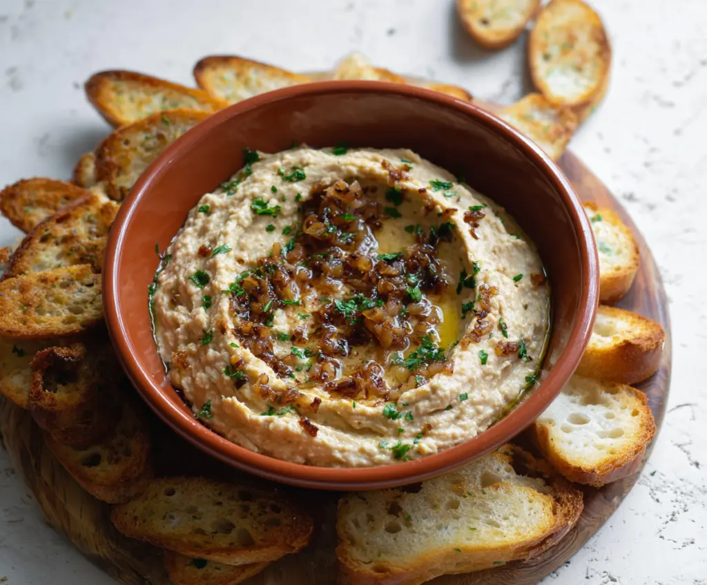 Creamy caramelized onion white bean dip topped with melted cheese and fresh herbs.