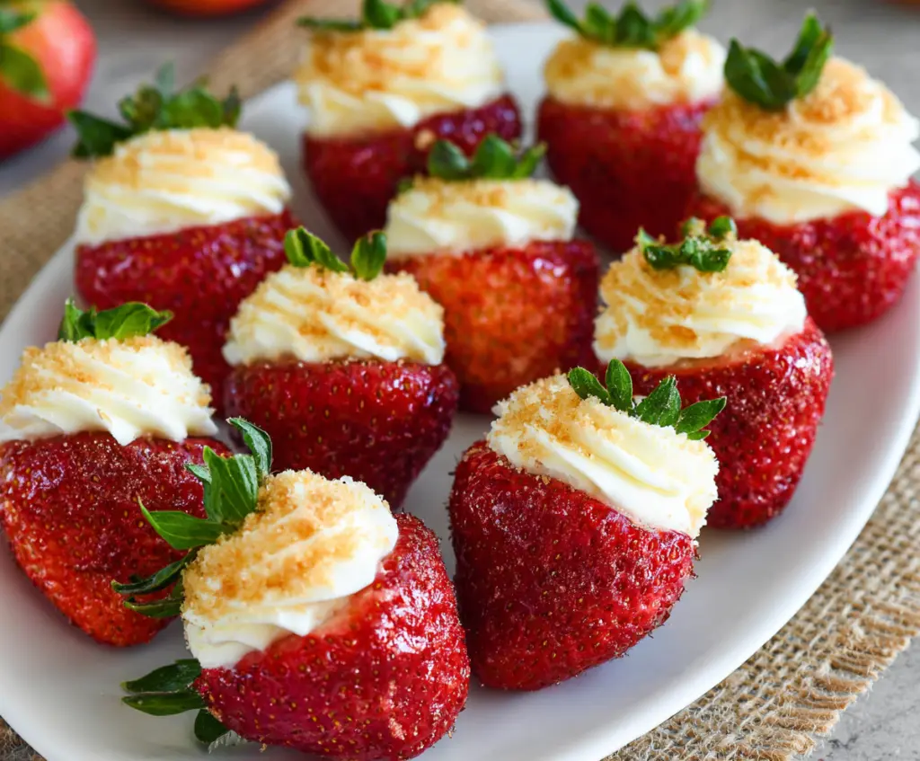 Delicious cheesecake stuffed strawberries topped with chocolate drizzles and fresh mint leaves