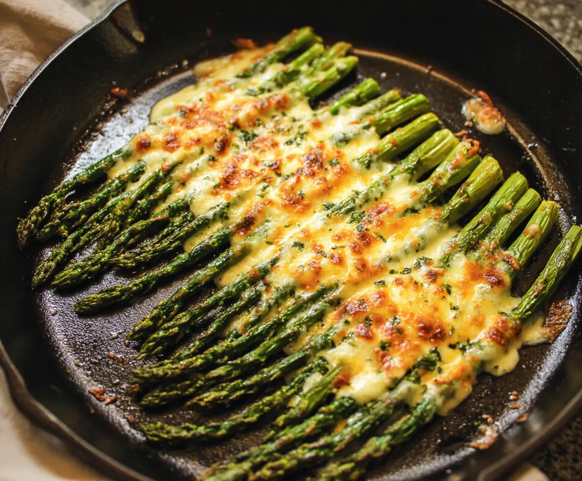 Delicious cheesy baked asparagus with melted cheese and fresh green asparagus spears on a rustic wooden table.