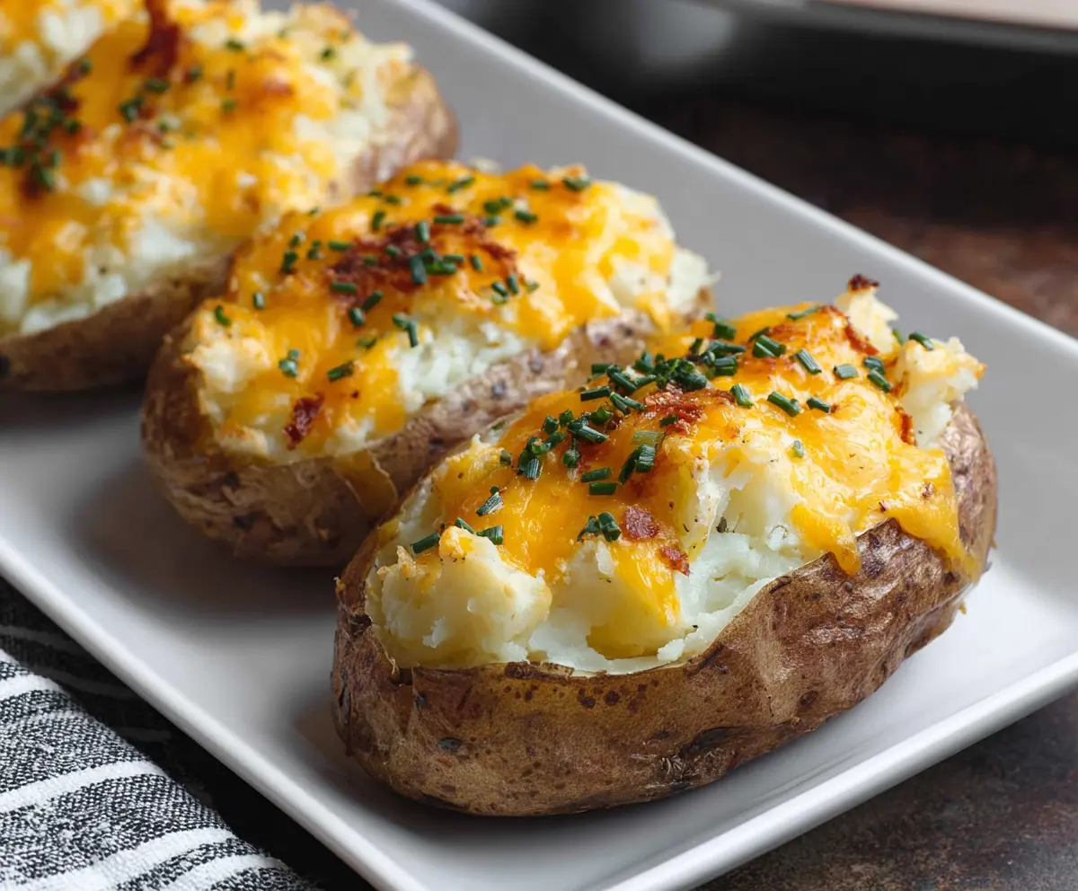 Delicious cheesy baked potatoes with melted cheese and crispy edges