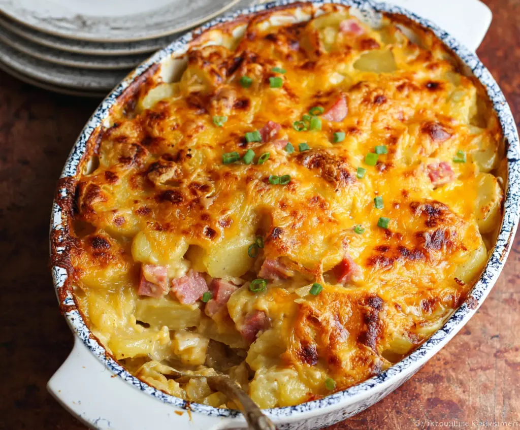 Delicious cheesy ham and potato casserole served hot with melted cheese topping.