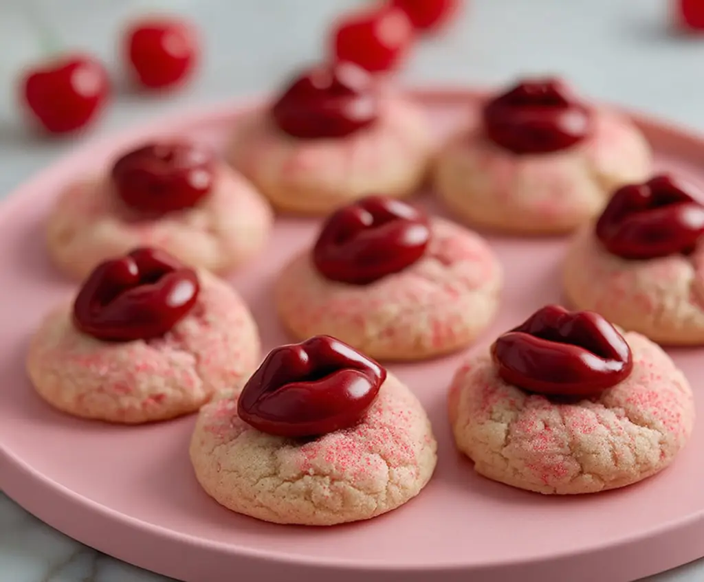 Delicious Cherry Kiss Cookies with a cherry topping and white chocolate drizzle.