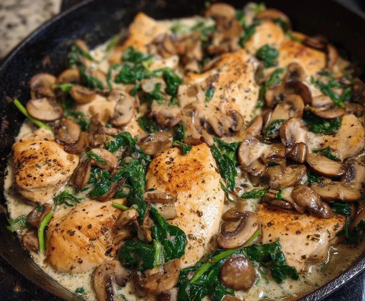 Delicious chicken mushroom spinach skillet dish with fresh ingredients and vibrant colors.