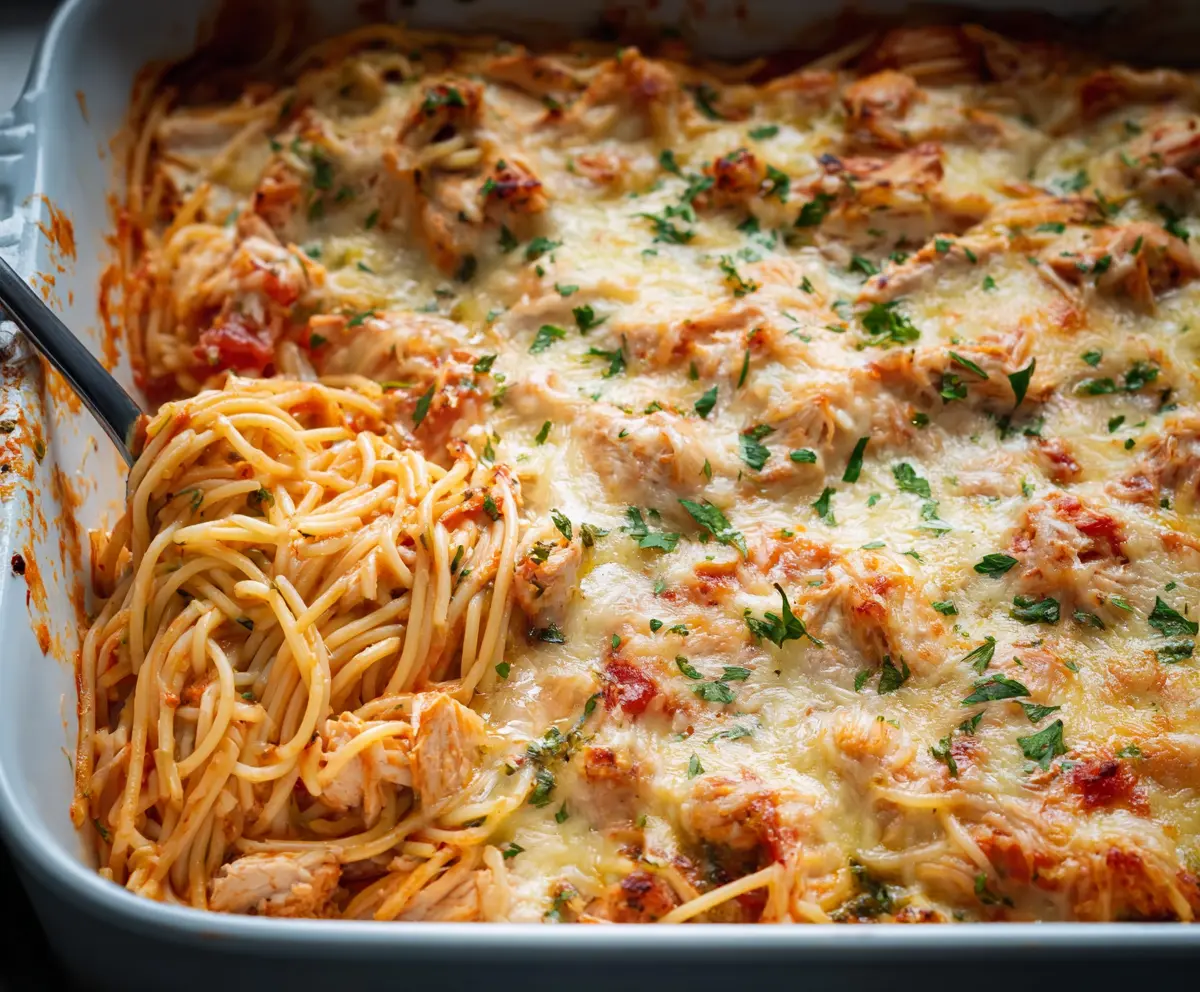 Delicious Chicken Spaghetti Bake topped with melted cheese and fresh herbs.