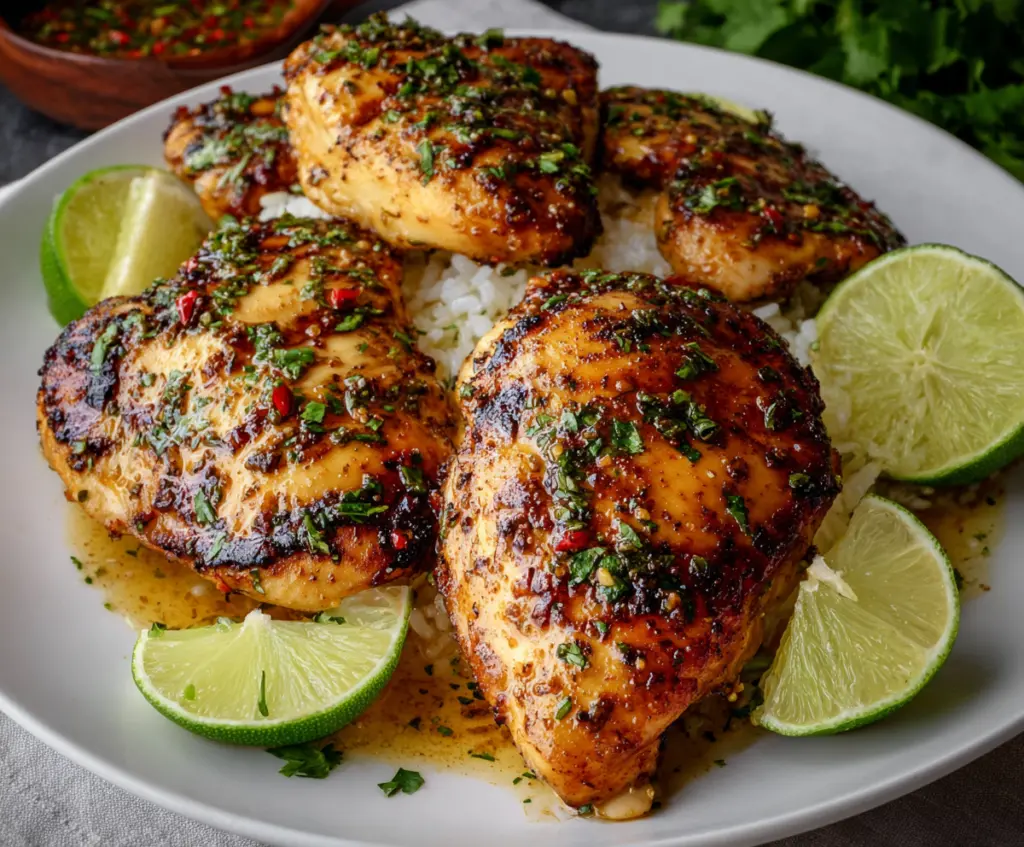 Juicy grilled chili lime chicken breasts garnished with fresh herbs on a white plate