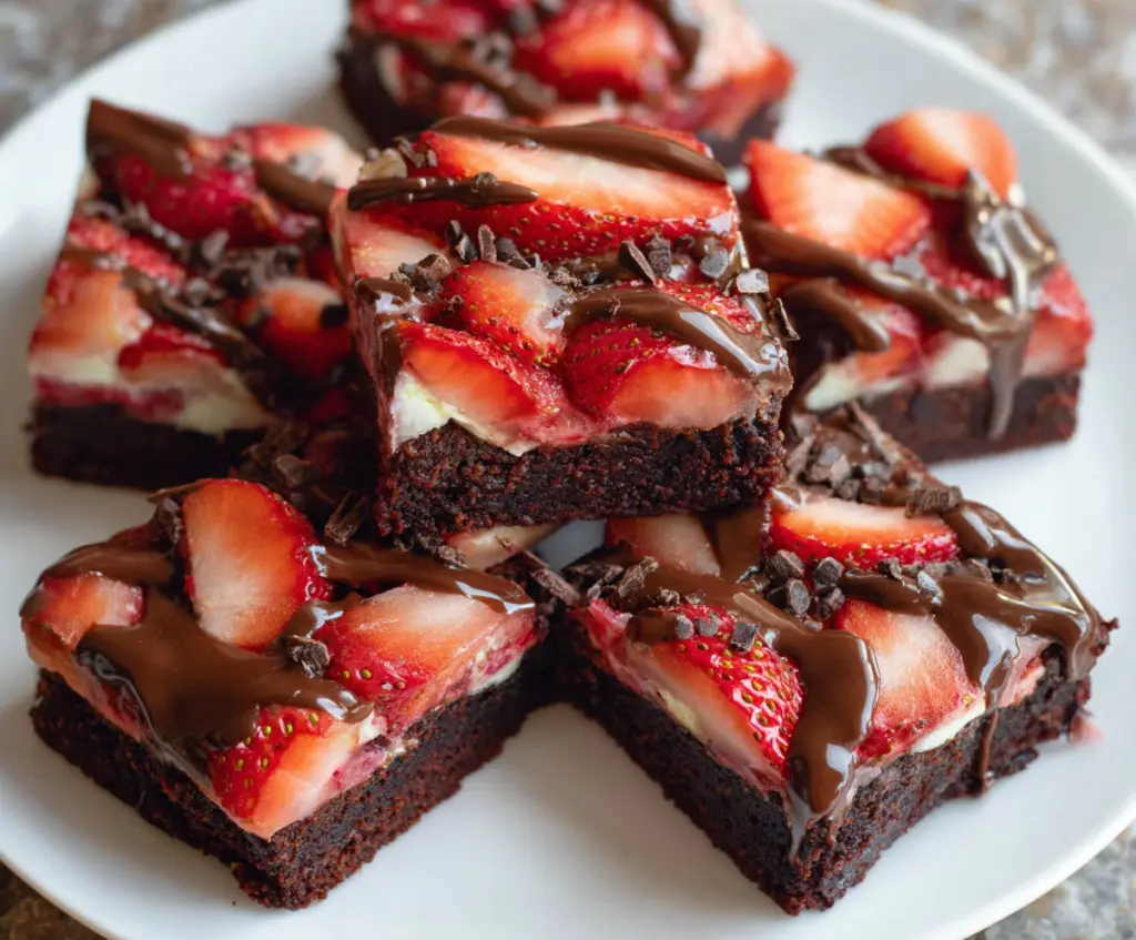 Delicious chocolate-covered strawberry brownies with rich, creamy chocolate and fresh strawberries.
