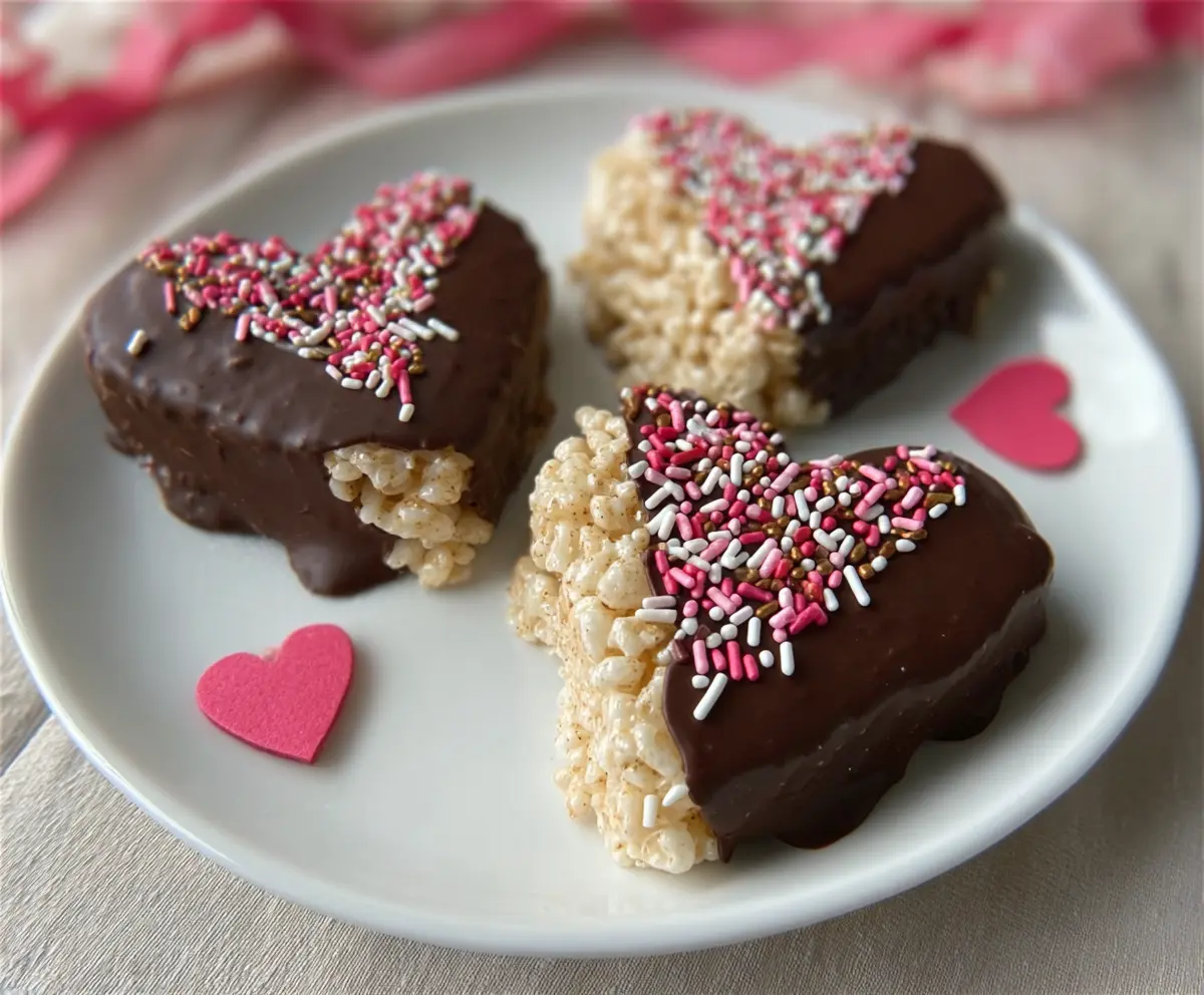 Chocolate Dipped Heart Rice Krispies treats perfect for Valentine's Day or special occasions.