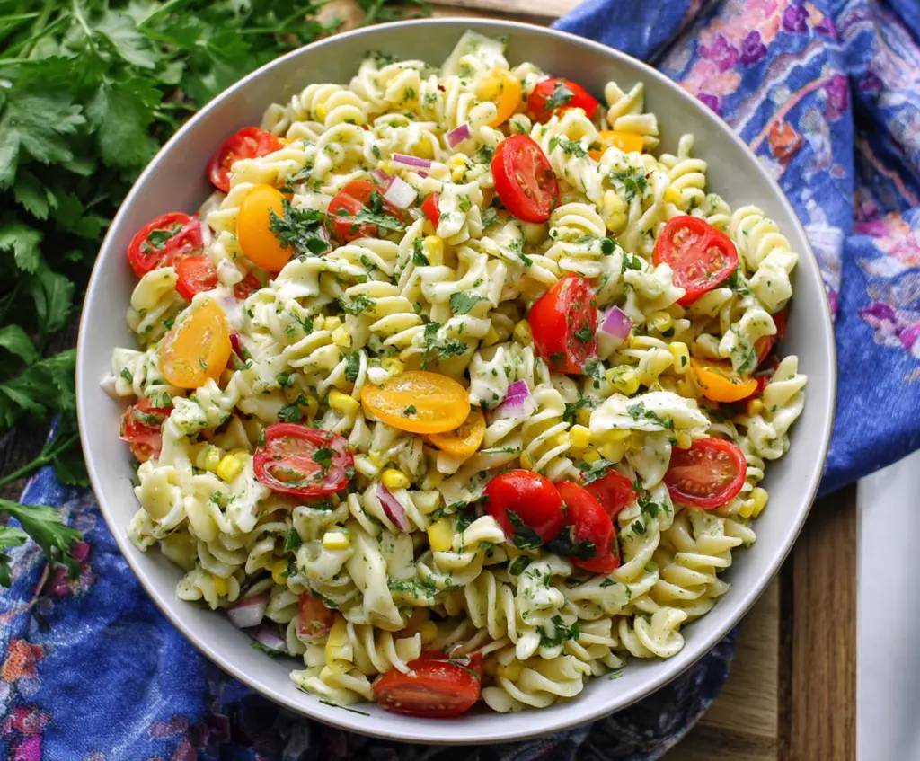 Fresh Cilantro Lime Pasta Salad with vibrant greens and zesty lime dressing.