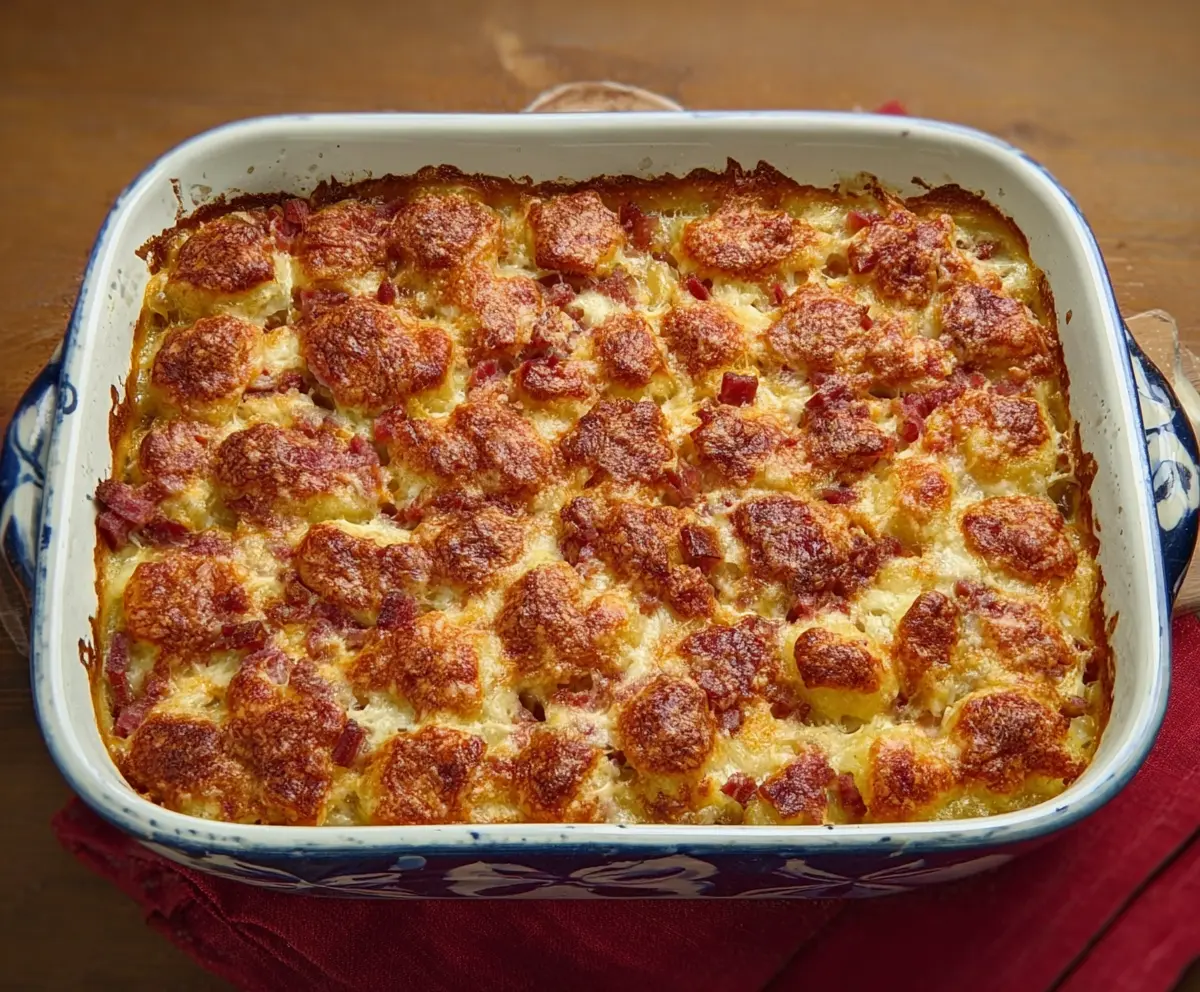 Delicious Corned Beef Casserole with potatoes and vegetables on a serving dish.