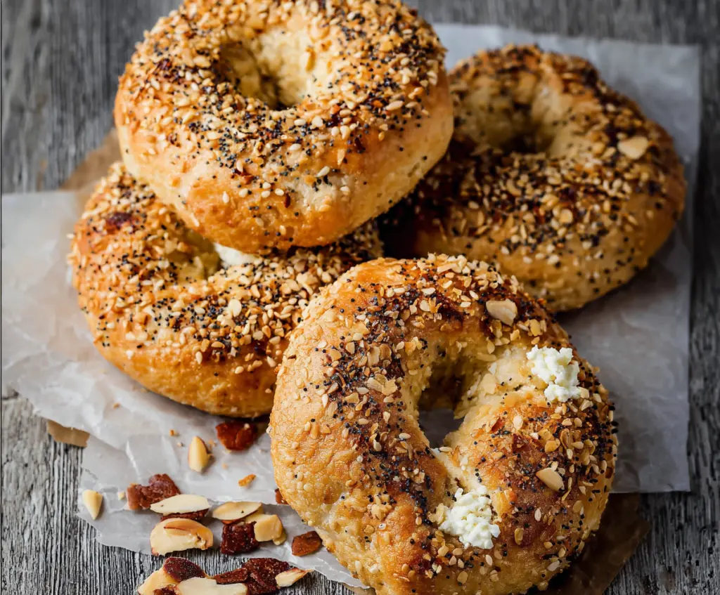 Homemade cottage cheese almond flour bagels on a wooden board, showcasing a healthy gluten-free breakfast option.
