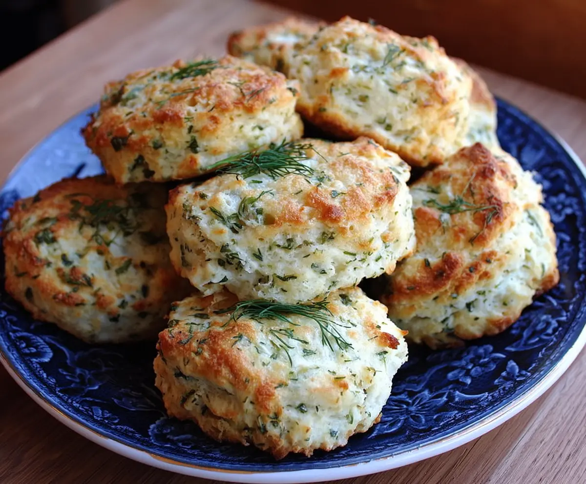 Golden cottage cheese and herb biscuits on a white plate, fresh herbs garnish for savory breakfast or snack