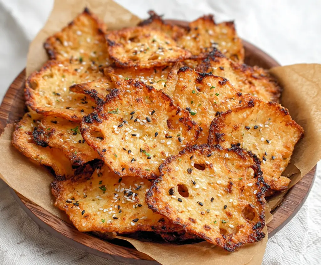 Delicious cottage cheese baked chips on a white plate, perfect for healthy snacking.