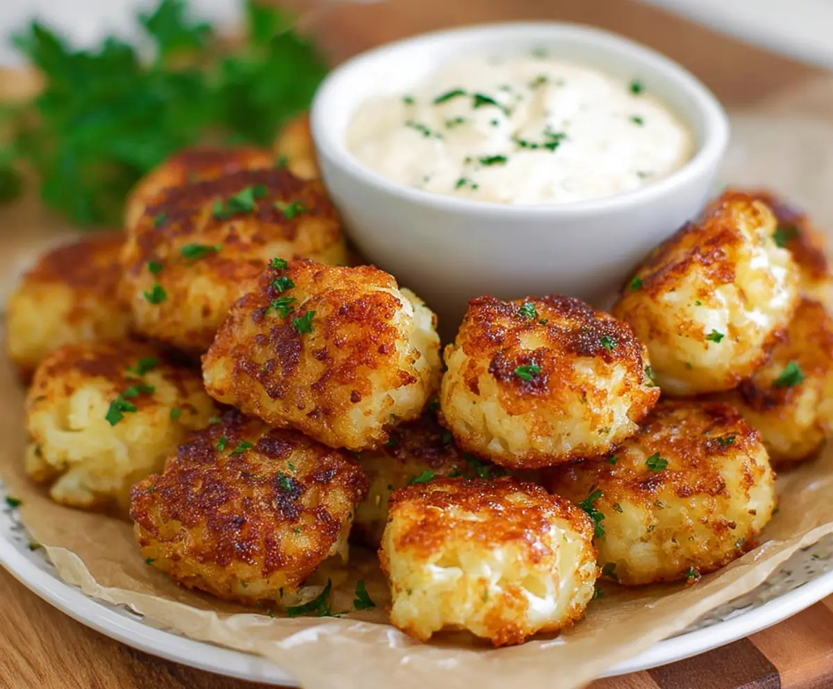 Delicious Cottage Cheese Cauliflower Tots on a plate, showcasing a healthy vegetarian snack option.