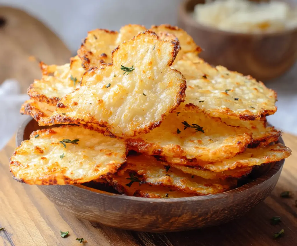 Cottage cheese chips on a plate with herbs and spices, healthy snack option
