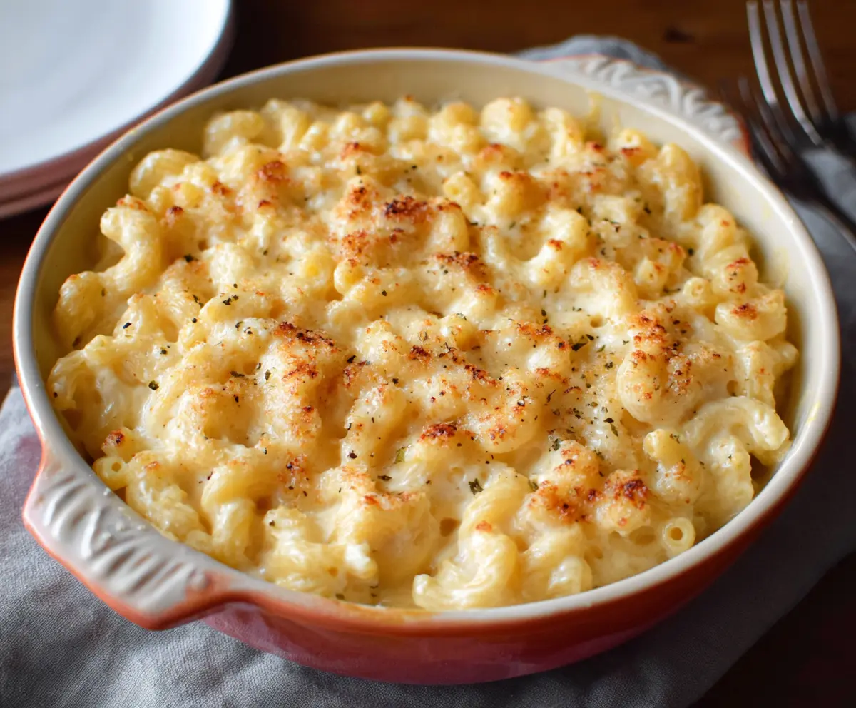 Creamy cottage cheese mac and cheese served in a bowl, garnished with herbs for a comforting meal.
