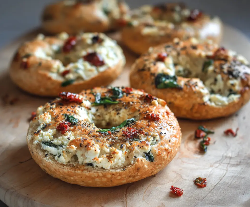 Delicious Cottage Cheese Veggie Bagels topped with fresh vegetables and herbs for a healthy snack.