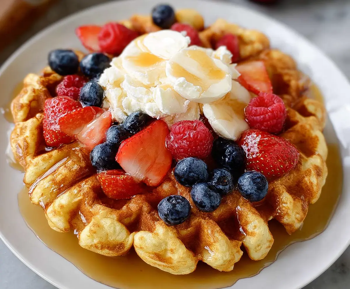 Delicious cottage cheese waffles topped with fresh berries and syrup for breakfast.