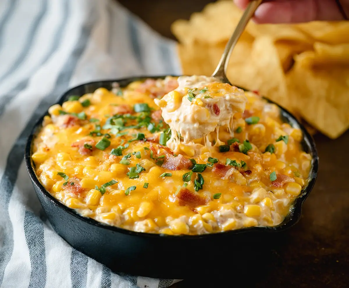 Delicious creamy cream cheese corn dip served in a bowl, perfect for parties and gatherings.
