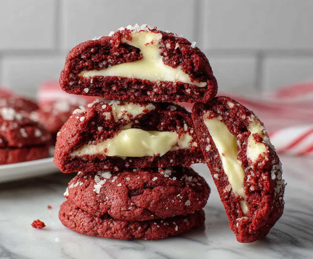 Delicious red velvet cookies filled with creamy cream cheese for a sweet treat.