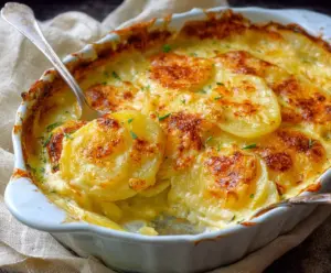 Delicious creamy au gratin potatoes baked to perfection with golden cheese topping