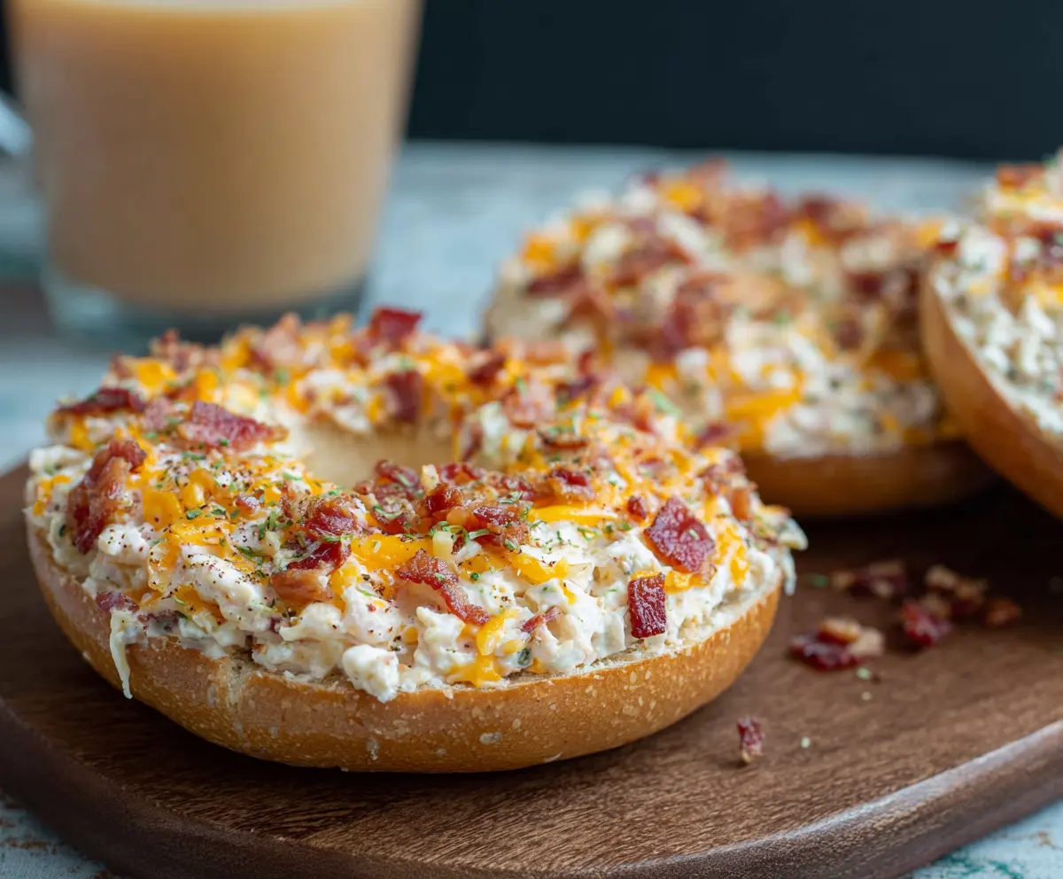 Delicious creamy bacon cheddar bagels with melted cheese and crispy bacon slices.