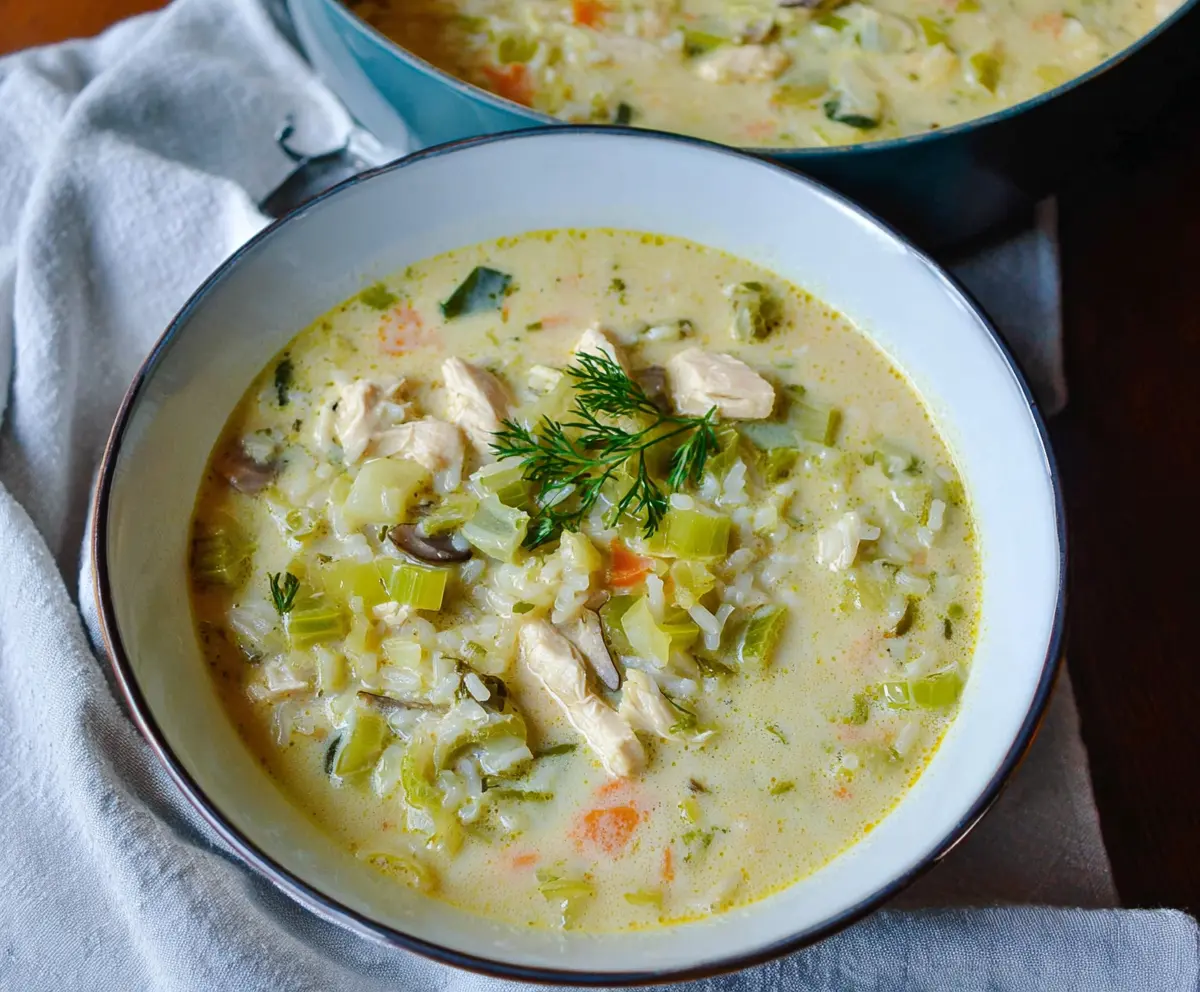 Creamy leek, chicken, and rice soup in a bowl, garnished with herbs.