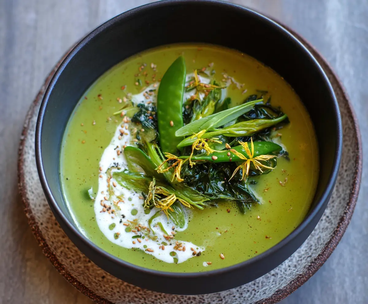 A bowl of creamy spring greens soup garnished with fresh herbs and served in a rustic bowl.