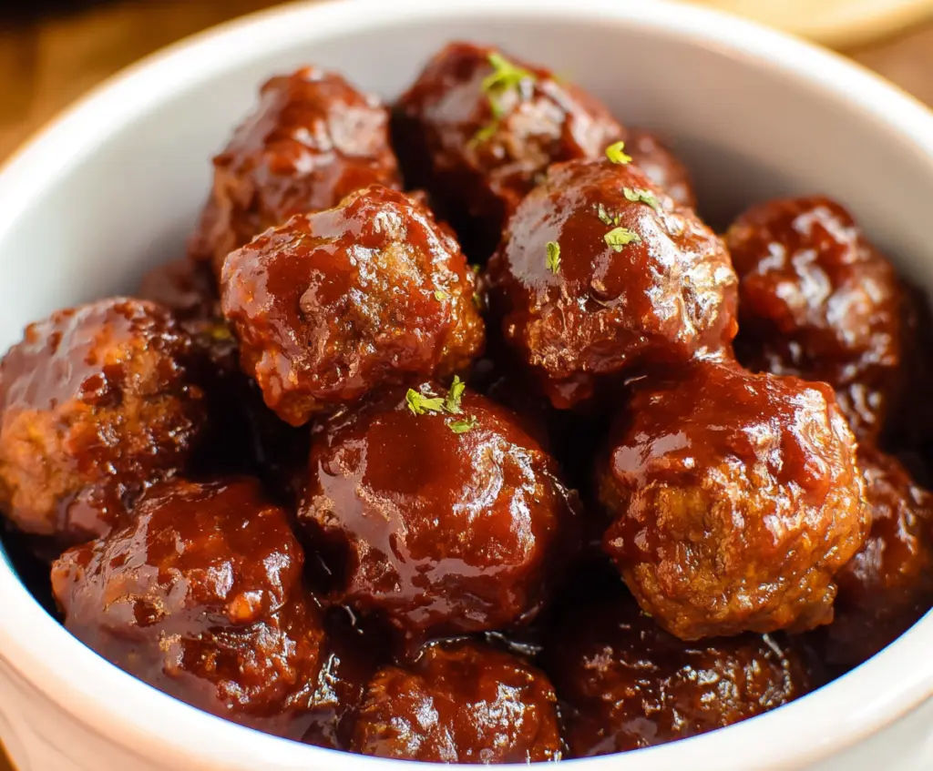 Delicious homemade crock pot BBQ meatballs served in a bowl, perfect for appetizers or dinner.