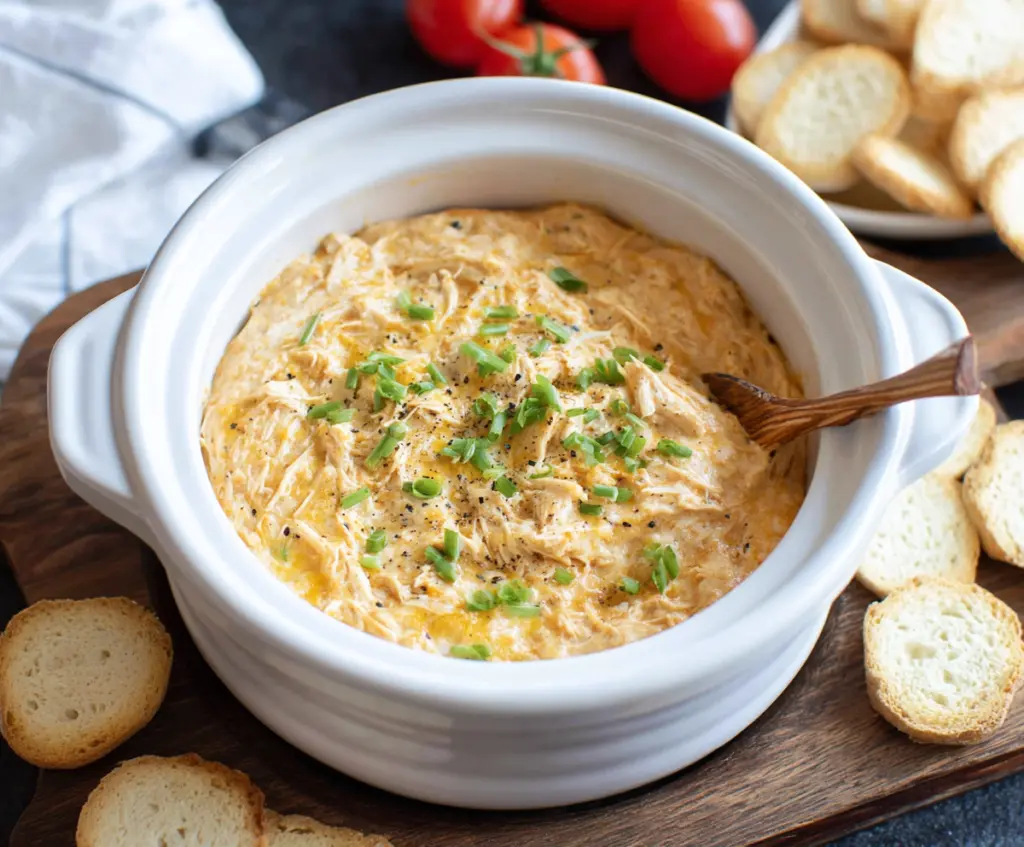 Creamy Crock Pot Chicken Dip served in a bowl with shredded cheese and herbs, perfect for parties.
