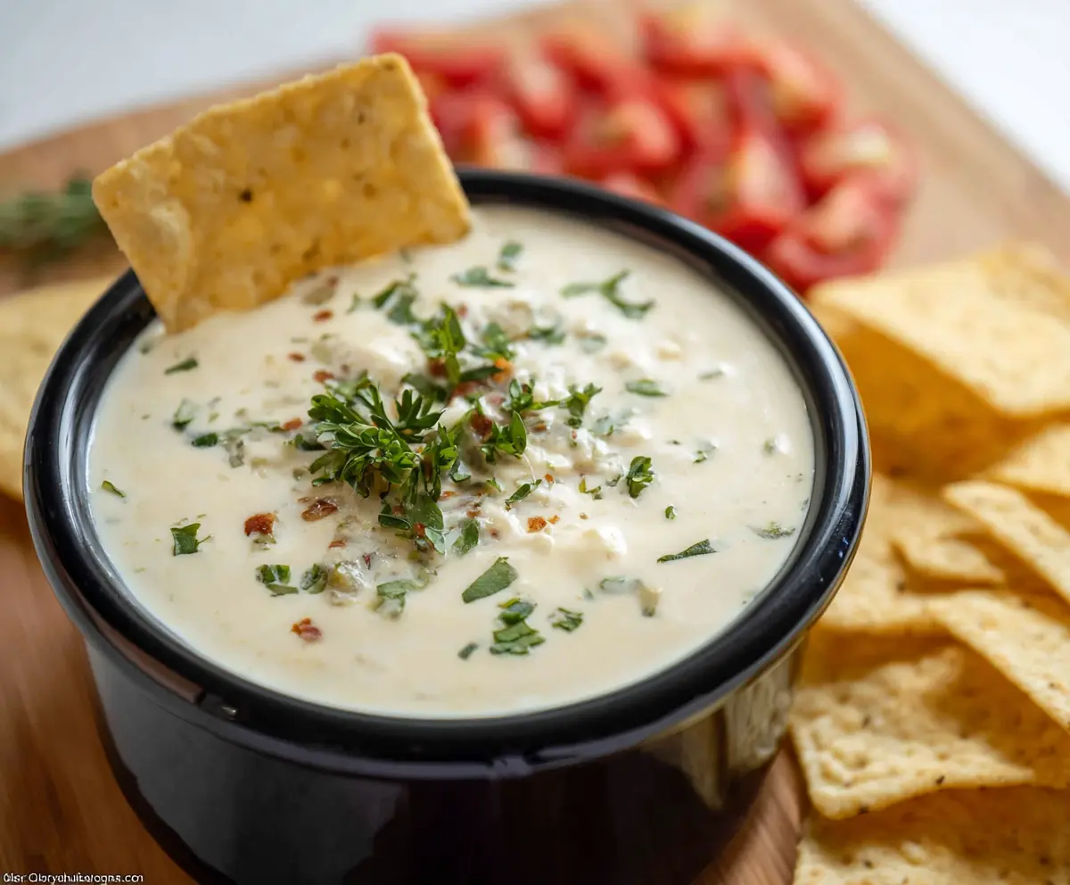 Creamy Crock Pot White Cheese Dip served with tortilla chips for a delicious appetizer.