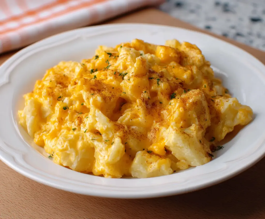 Creamy Crockpot Cheesy Potatoes topped with melted cheese and fresh herbs.