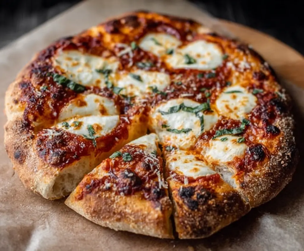 Delicious crusty sourdough pizza topped with fresh ingredients, ready to enjoy.