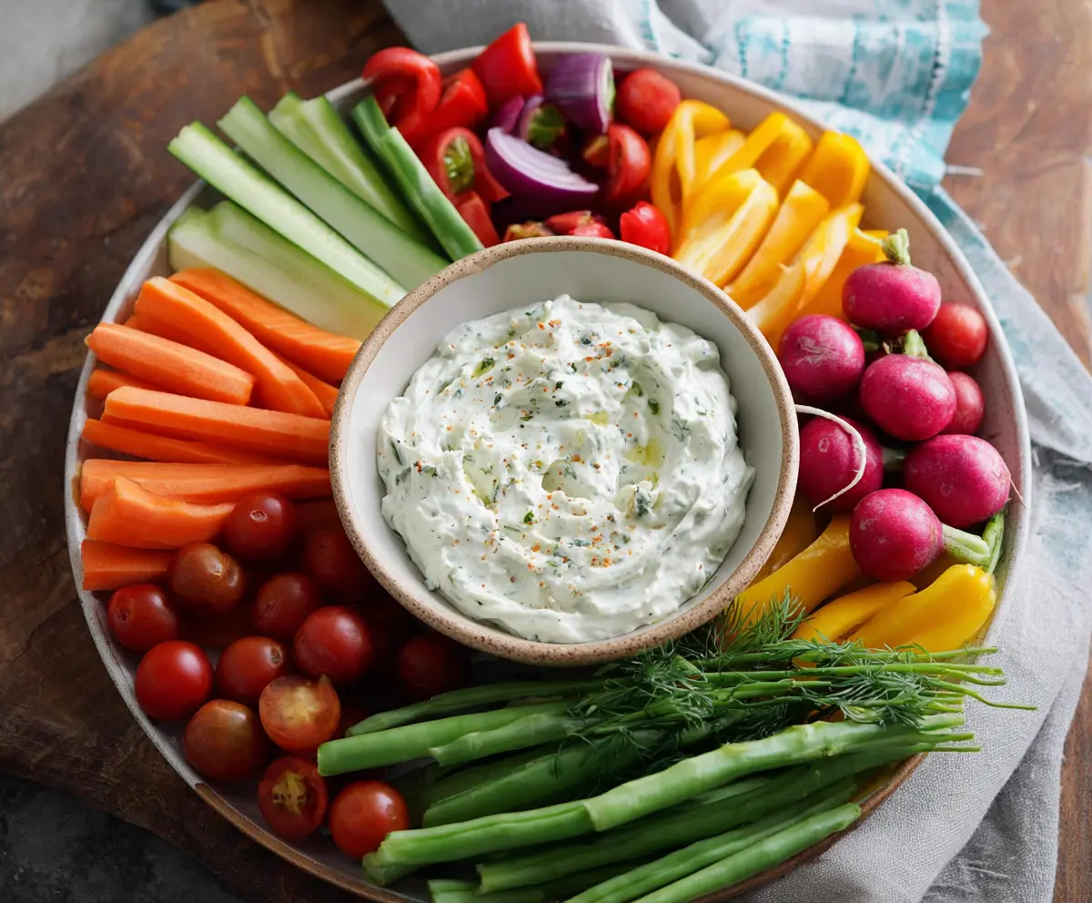 Colorful veggie platter with assorted fresh vegetables and creamy dip, perfect for healthy snacking.