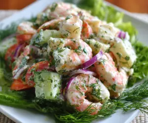 Fresh dill shrimp salad with colorful vegetables served in a bowl for a light meal.