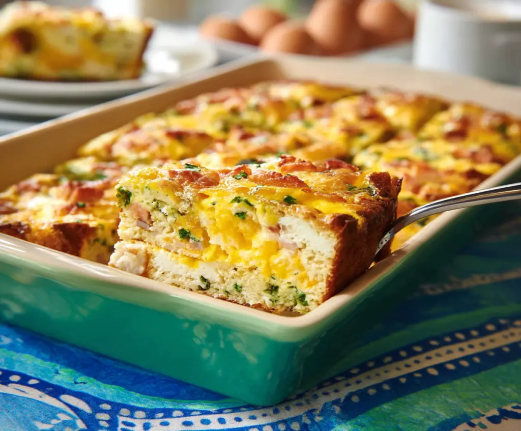 Delicious Easter Breakfast Casserole with eggs, cheese, and ham in a baked dish.