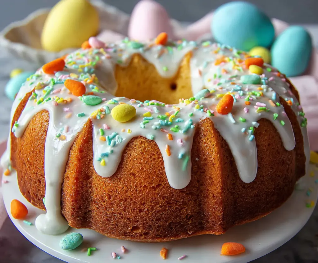 Delicious Easter Bundt Cake decorated with colorful icing and sprinkles for a festive celebration.