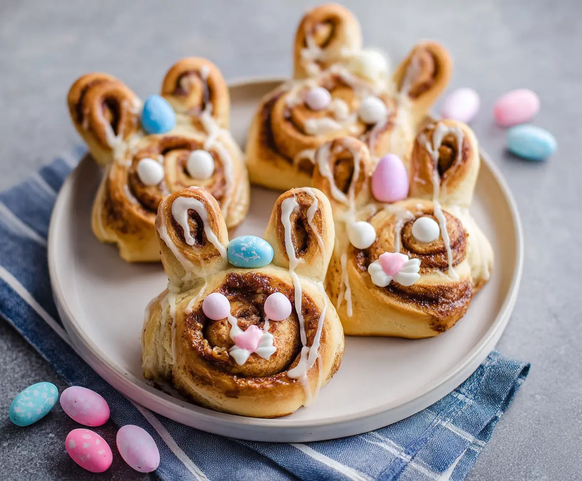 Easter Bunny Cinnamon Rolls with icing and colorful sprinkles on a festive plate.