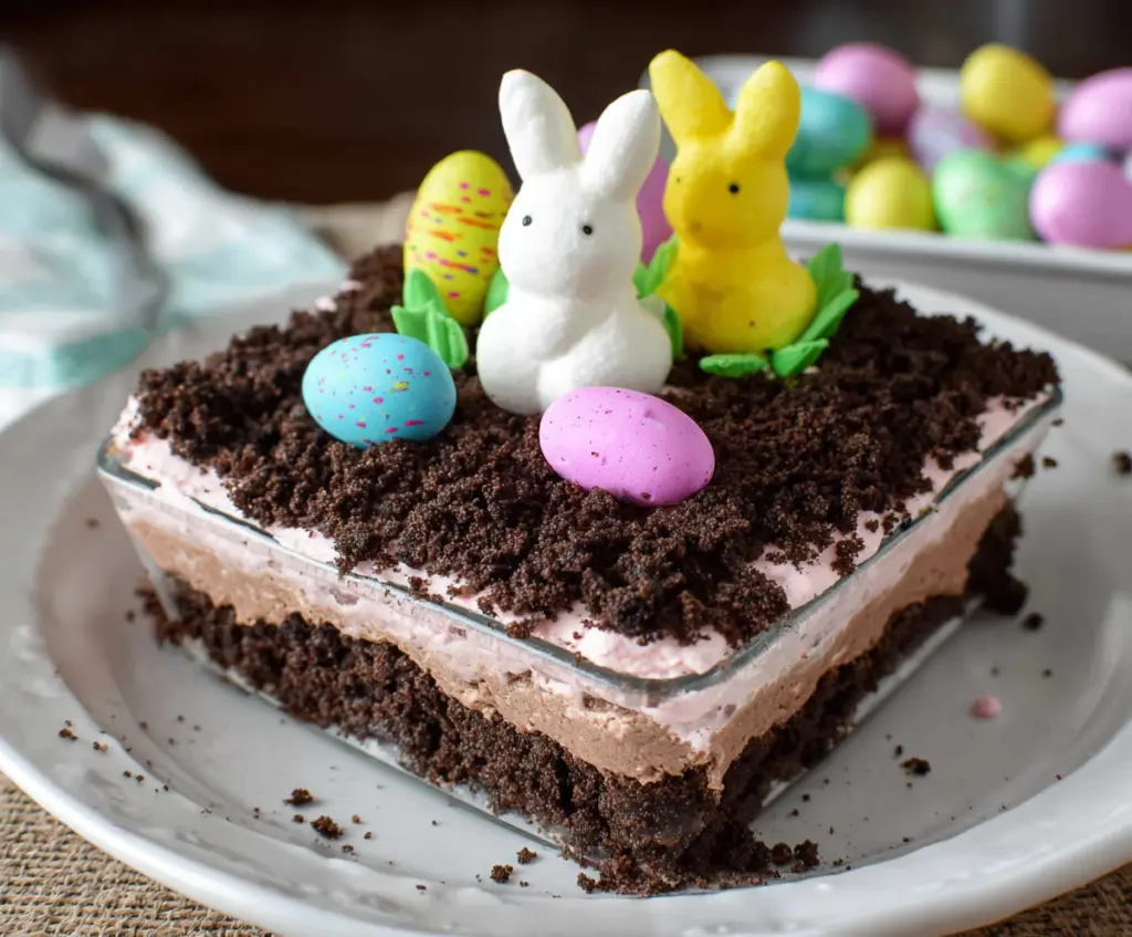 Delicious Easter Dirt Cake with chocolate pudding, oreo crumbs, and colorful candies for festive celebration.