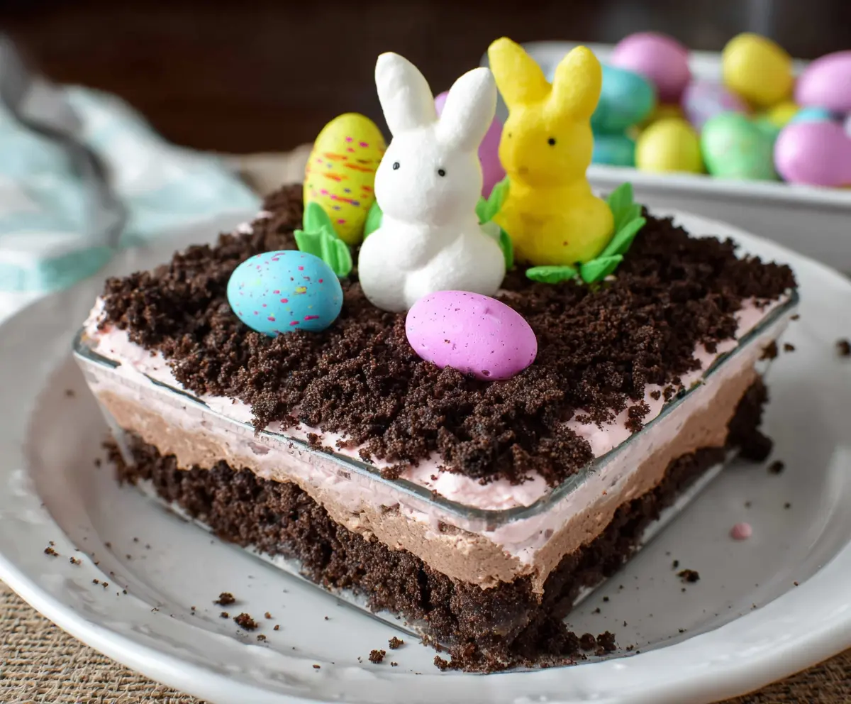 Delicious Easter Dirt Cake with chocolate pudding, oreo crumbs, and colorful candies for festive celebration.