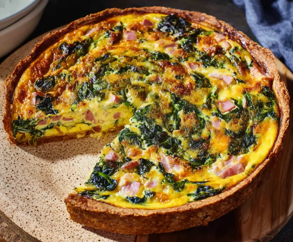 Delicious Easter Ham and Spinach Quiche with a golden crust on a serving plate.