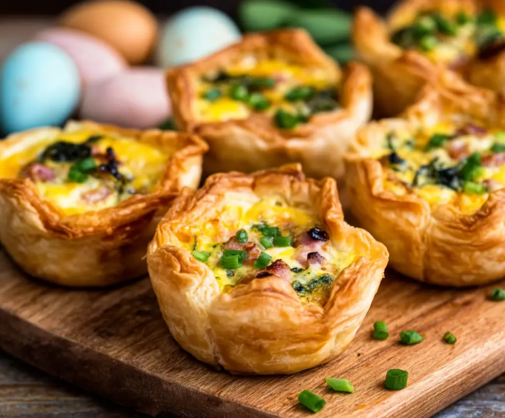 Delicious Easter Puff Pastry Quiche Cups filled with vegetables and cheese, perfect for holiday brunch.