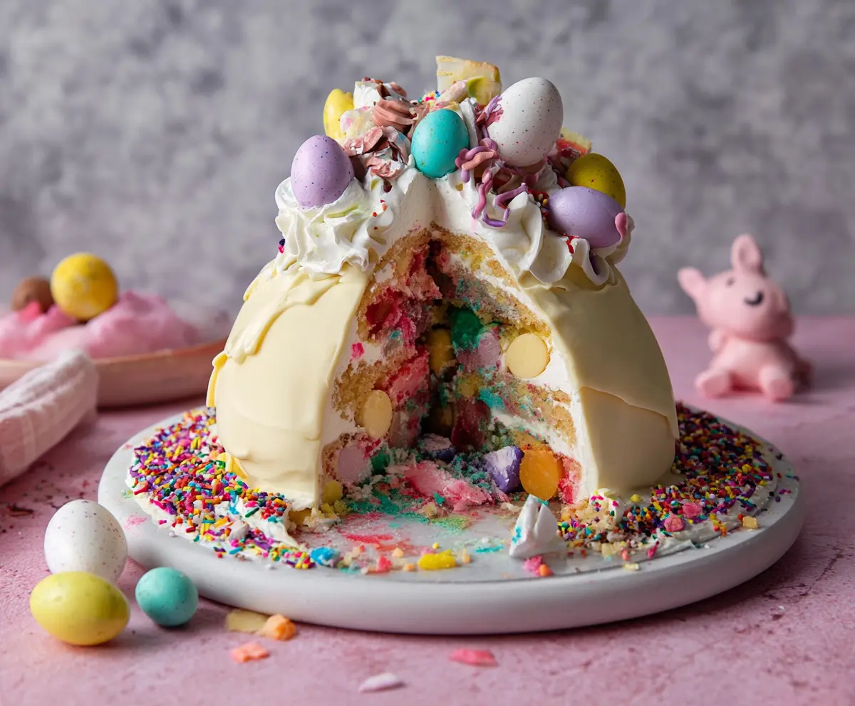 Delicious Epic Easter Egg Smash Cake with colorful frosting and chocolate decorations for Easter celebration