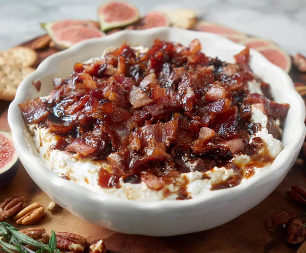 Creamy fig and bacon Boursin cheese dip served with fresh baguette slices.