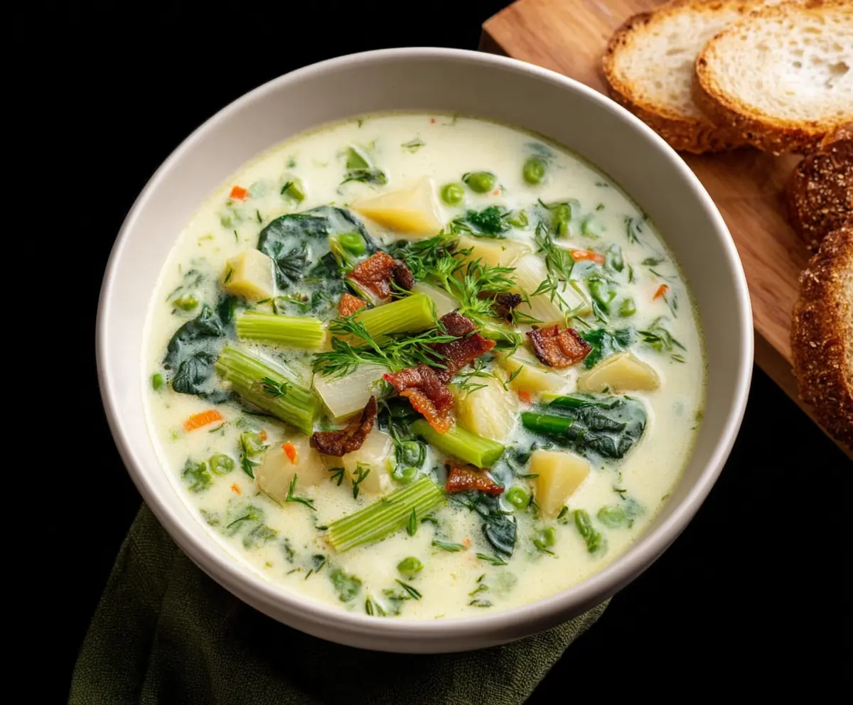 Delicious French Spring Soup with fresh vegetables and herbs, perfect for a light meal.