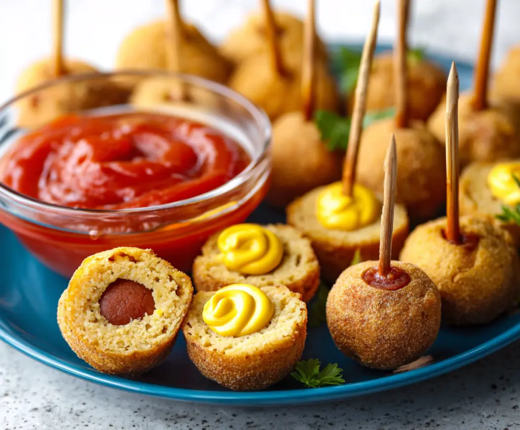 Plate of crispy vegan corndog bites perfect for game day snacking.